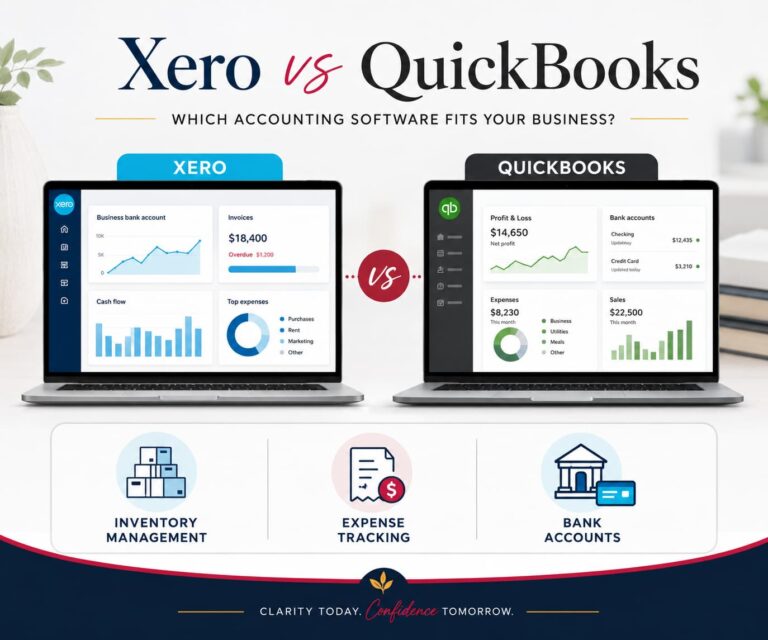 Comparison graphic of Xero vs QuickBooks accounting software showing dashboard features for inventory management, expense tracking, and connected bank accounts for small business bookkeeping.