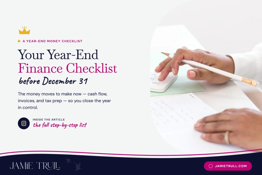 Year-end finance checklist graphic for reviewing cash flow, quarterly tax payments, early payment discounts, and business model decisions before December 31.