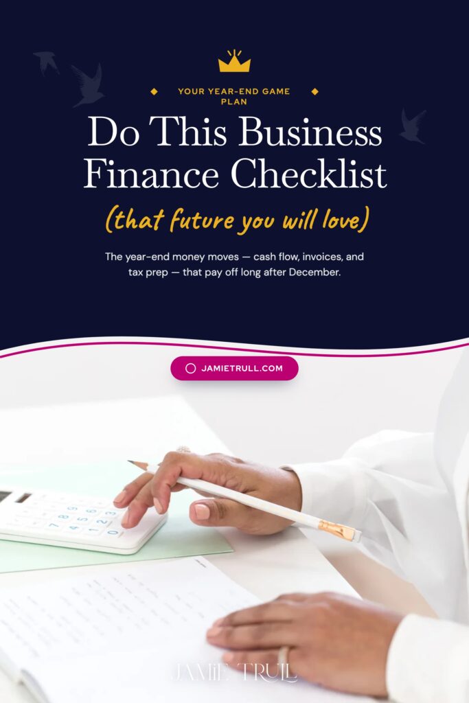 Business finance checklist graphic showing a person reviewing documents with a calculator to plan cash flow, tax preparation, and working capital before year-end.