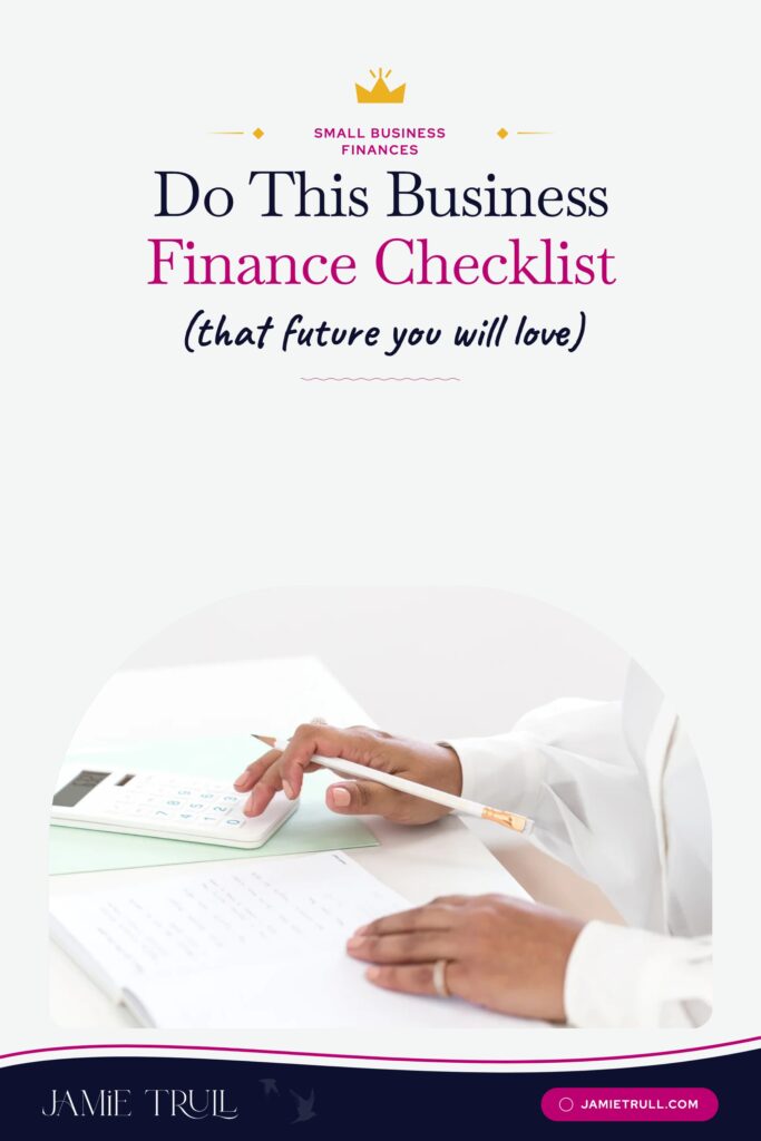 Small business finance checklist graphic showing a person reviewing financial paperwork and using a calculator before making year-end decisions about purchasing equipment.