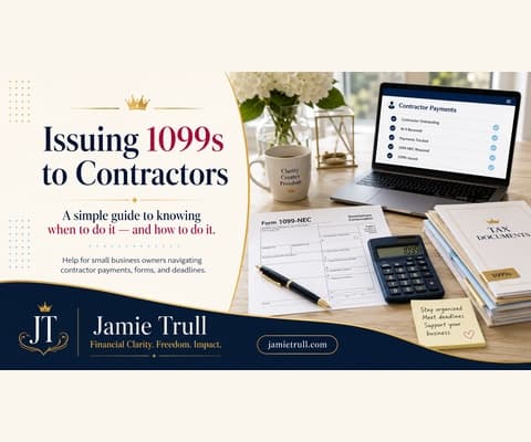 Jamie Trull branded blog header showing a 1099-NEC contractor payment checklist, tax documents, and calculator to help business owners understand when they may owe their own taxes, federal income tax, and payroll taxes.