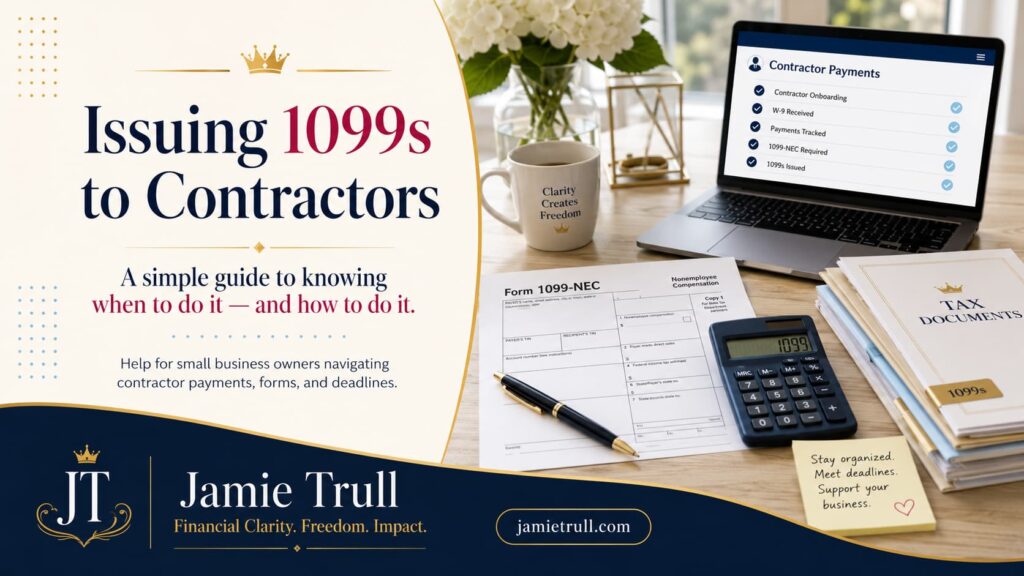 Jamie Trull branded blog header showing a 1099-NEC contractor payment checklist, tax documents, and calculator to help business owners understand when they may owe their own taxes, federal income tax, and payroll taxes.