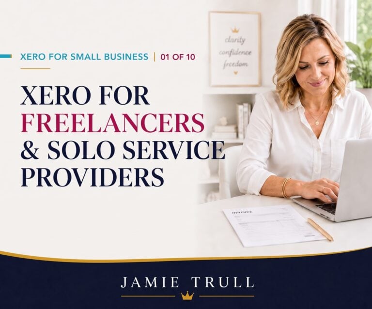 A woman business owner smiling at a desk while typing on a laptop next to an invoice, with text reading: "Xero for Small Business | 01 of 10: Xero for Freelancers & Solo Service Providers" by Jamie Trull.
