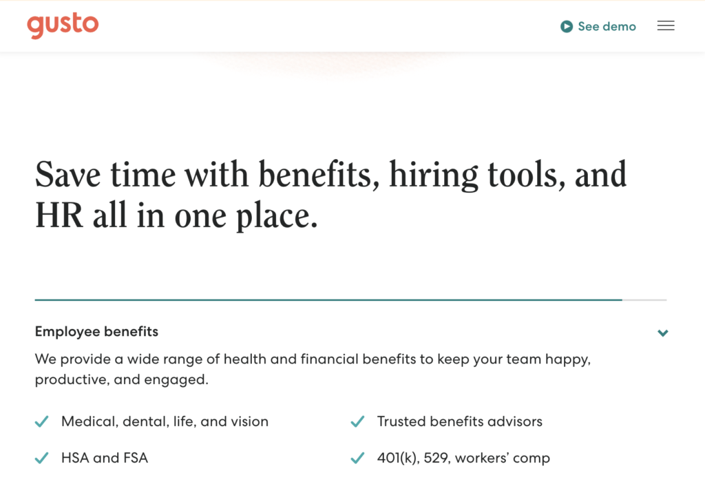 This is a graphic of the employee benefits that gusto payroll can handle for you. Payroll companies save you  the time and hassle of having to manage payroll yourself. Gusto makes it easy by managing all payroll activities for you, including taxes, benefits, and more. They also provide a great dashboard that allows you to easily monitor your payroll activity. Plus, they offer features such as direct deposit and automated tax filing. 