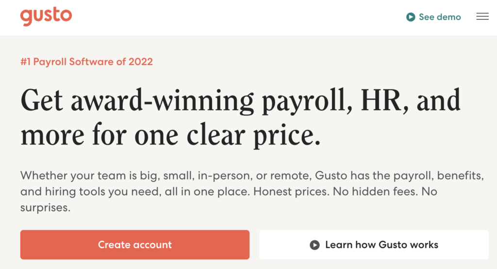 Our top pick for payroll provider:  Gusto. Use our affiliate link to get an amazing deal.