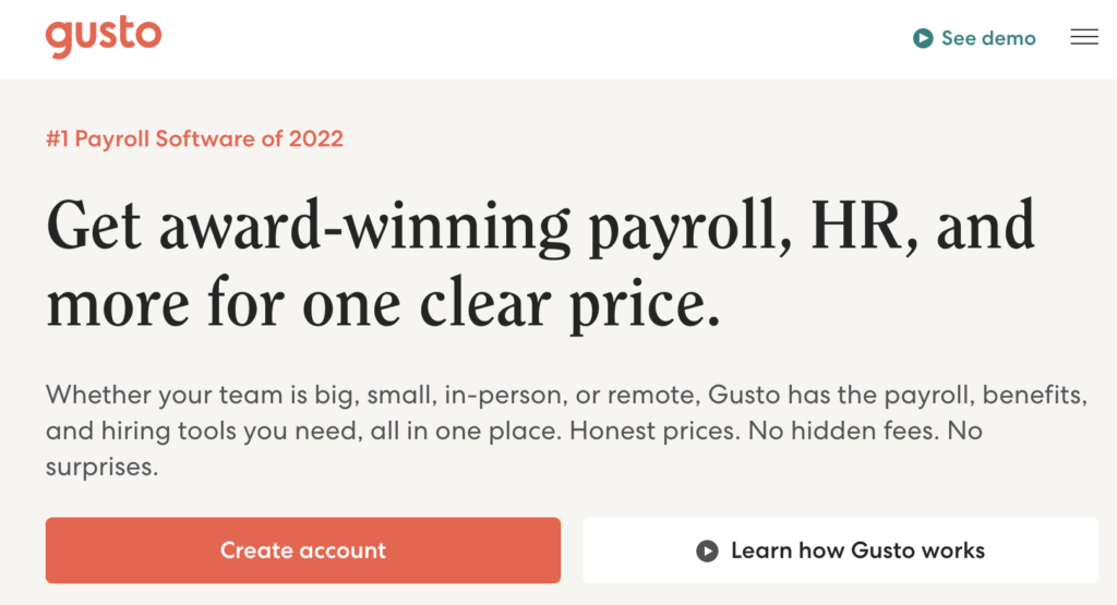 Our top pick for best payroll software for freelancers:  Gusto. Use our affiliate link to get an amazing deal for this self-employed payroll app.  A cheap payroll service may not have all of the features you need to run your business efficiently.

Gusto can also efficiently process payroll for companies up to 10 employees.