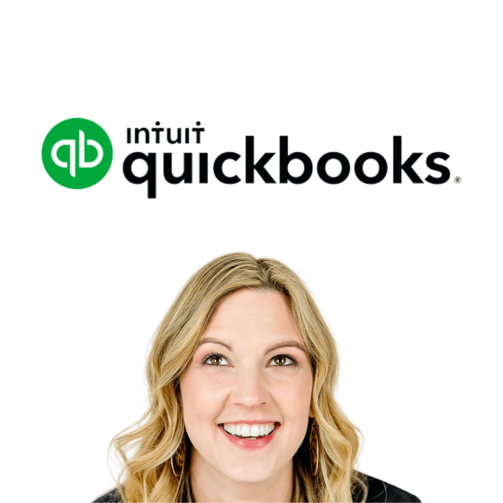 for small business owners, managing business finances means keeping organized records of receipts and more. Jamie looks up at logo for Bookkeeping software Intuit Quickbooks. 