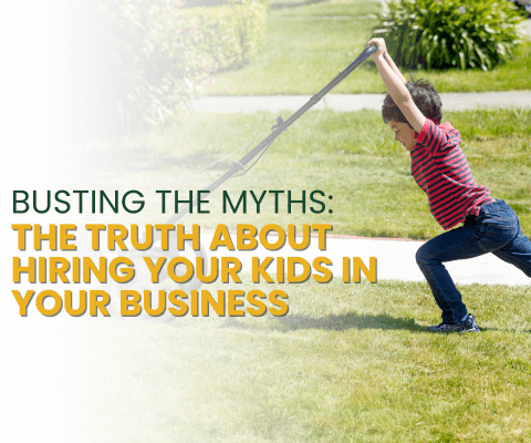 Kid pushing a lawnmower that is taller than the child with the text: Busting the myths: the truth about hiring your kids in your business