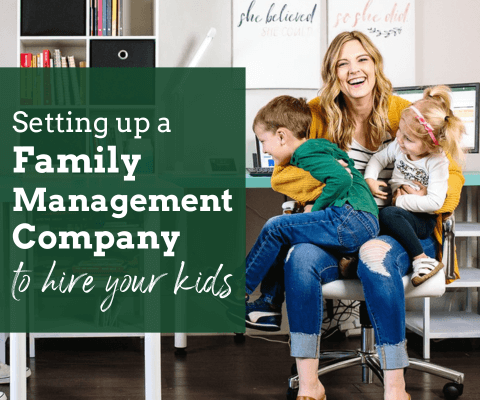 Setting up a family management company, how to hire your kids. Jamie Trull smiles while her children sit on her lap in her office.