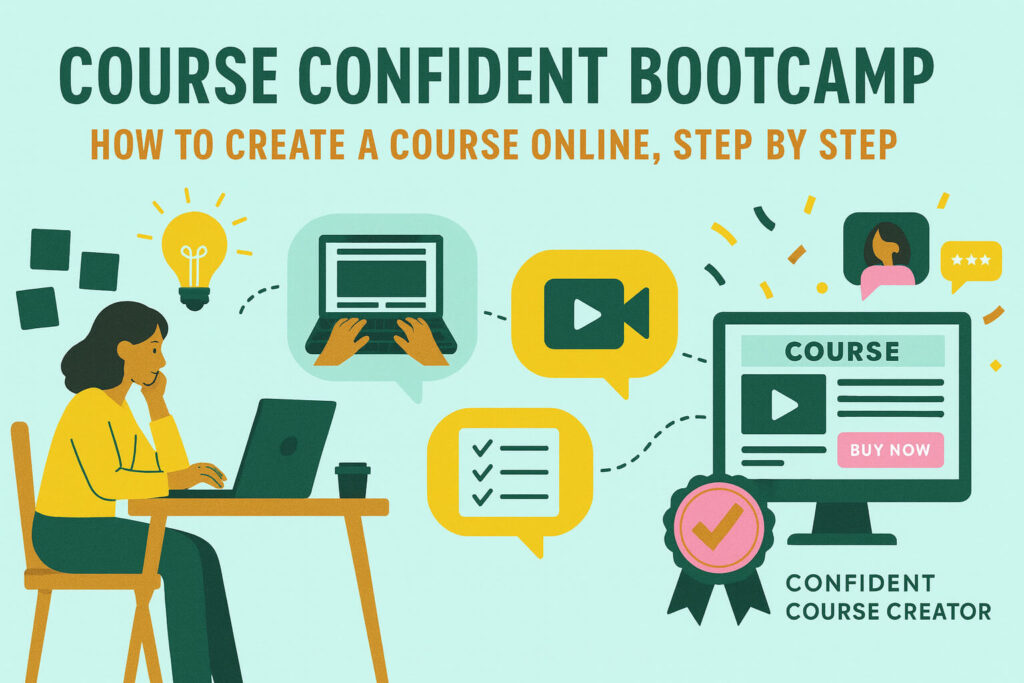 Flat-style illustration showing the step-by-step process of making a course, inspired by the Amy Porterfield course approach. A woman brainstorms at a laptop, with icons illustrating course creation stages—video production, checklists, and a completed course page featuring a “Buy Now” button. The final stage highlights a learning management system interface, symbolizing a live and ready-to-sell online course. A badge labeled “Confident Course Creator” emphasizes successful course launch and digital product delivery.