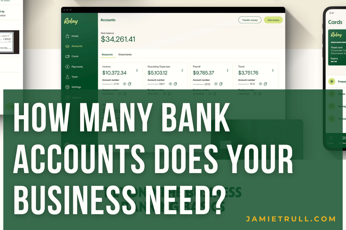 How many bank accounts does your business need text overlaying Relay Bank platform.