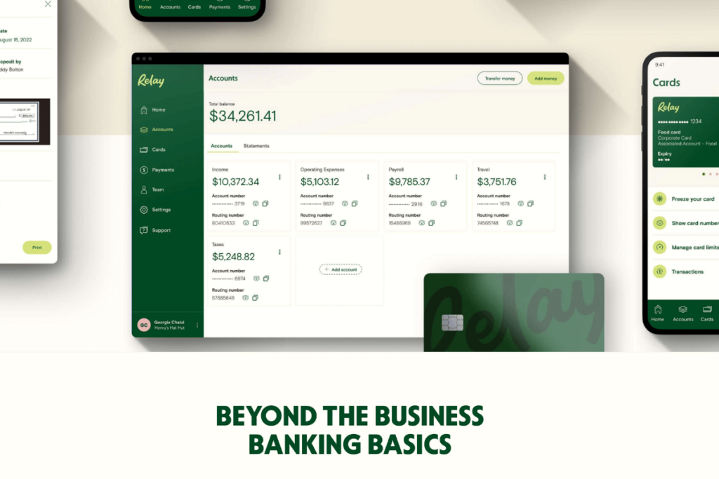 A screenshot or mock-up of Relay's banking platform with multiple checking accounts on display, emphasizing ease of use with a structured layout for managing finances