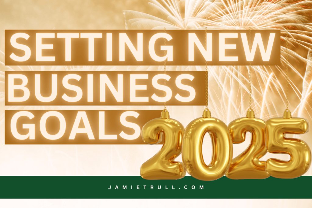 The new year is the time for new goals like developing a new skill such Chat GPT and taking time to re evaluate your SEO strategy. Text reads: setting new business goals next to gold balloons in 2025.