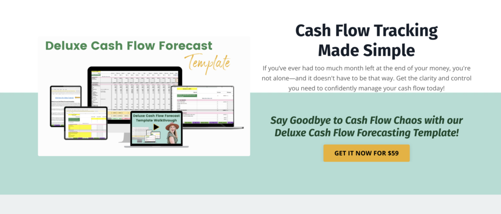 Cash flow forecasting template with organized columns for income, expenses, and net cash flow, showing monthly financial trends with a bar chart and color-coded sections for easy analysis.