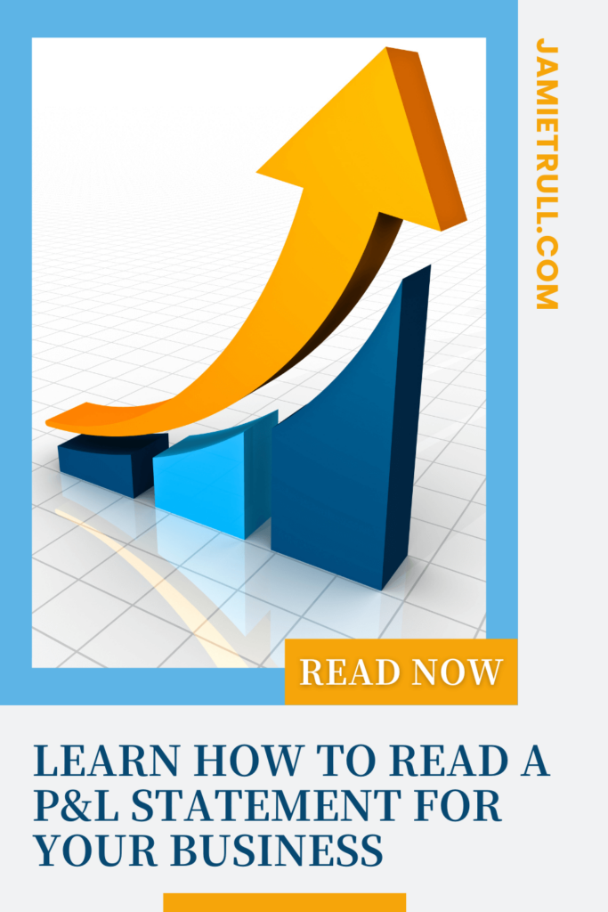 A 3D bar chart with blue columns increasing in height and a bold yellow upward arrow curving over the bars, symbolizing growth in gross profit. The text below reads 'Learn How to Read a P&L Statement for Your Business,' with a call-to-action button labeled 'Read Now.' The design is framed in blue with a professional, modern look.