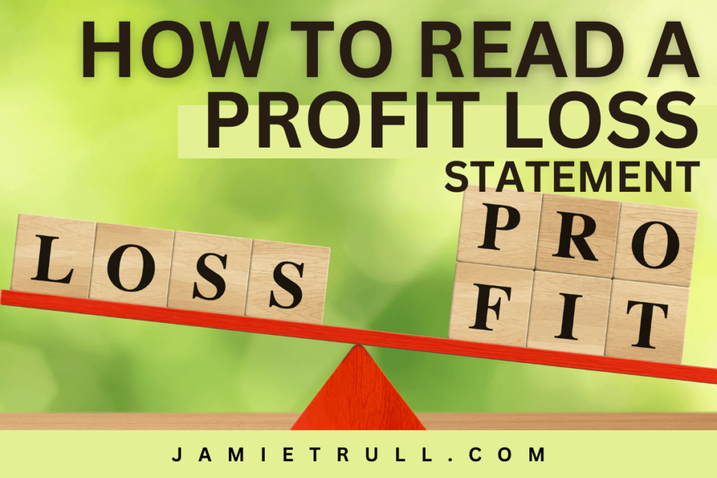 A seesaw balancing wooden blocks spelling 'LOSS' on one side and 'PROFIT' on the other, illustrating the concept of understanding profit and loss statements. The text above reads 'How to Read a Profit Loss Statement' on a blurred green background.