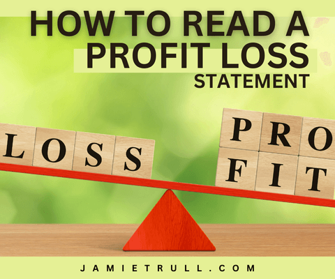 A seesaw balancing wooden blocks spelling 'LOSS' on one side and 'PROFIT' on the other, illustrating the concept of understanding profit and loss statements. The text above reads 'How to Read a Profit Loss Statement' on a blurred green background.