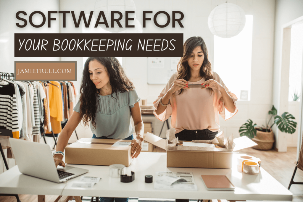 Software for Bookkeeping Needs - Wide version with same scene): "A wider view of two women in a bright workspace preparing packages for shipping. One is using a laptop, and the other is taping a box. The room features clothing racks, packing materials, and potted plants. The text overlay reads 'Software for Your Bookkeeping Needs' with 'JamieTrull.com' in a small rectangular banner.