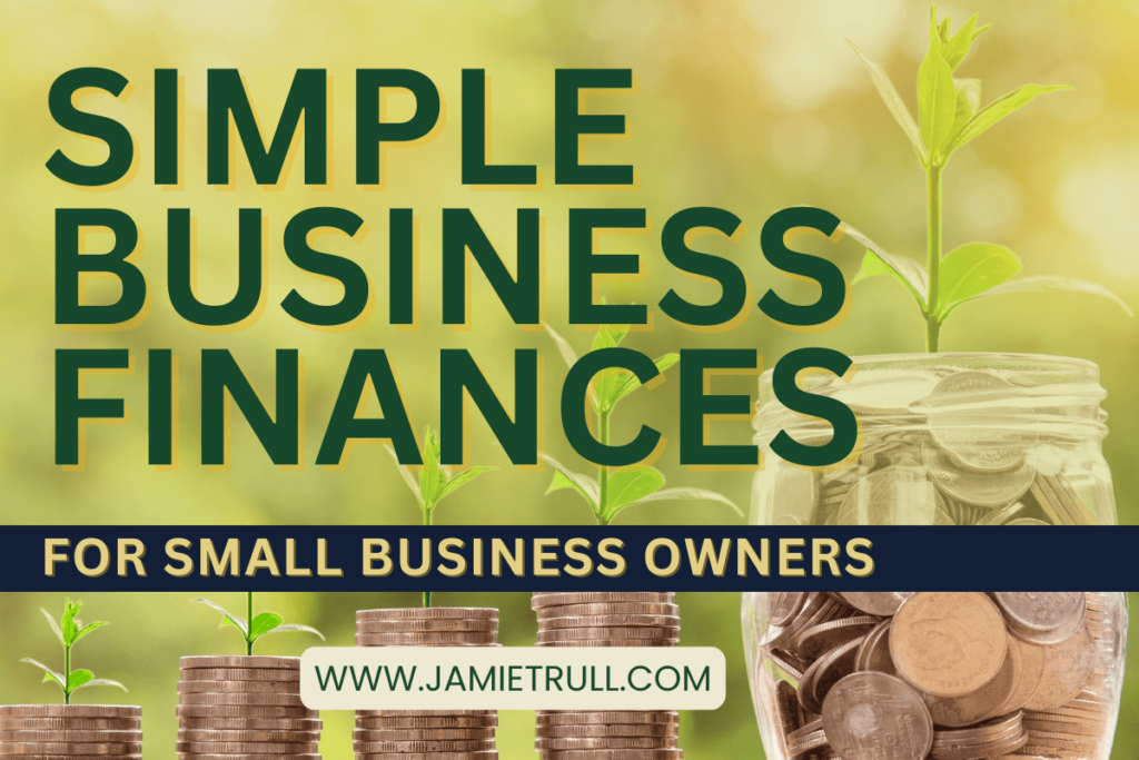 Graphic with the headline 'Simple Business Finances for Small Business Owners' in bold green and yellow overlaid on an image of stacks of coins growing small plants and a jar filled with coins. The image suggests financial growth and sustainability. Free accounting software, cloud accounting software, or a simple income and expense tracking worksheet could be enough to meet your needs. Website URL www.jamietrull.com is displayed prominently.