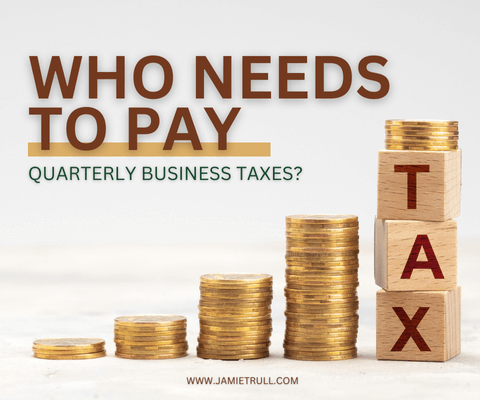 Stacked gold coins arranged in ascending order next to wooden blocks spelling "TAX" with the text, "Who needs to pay quarterly business taxes?" against a plain background.