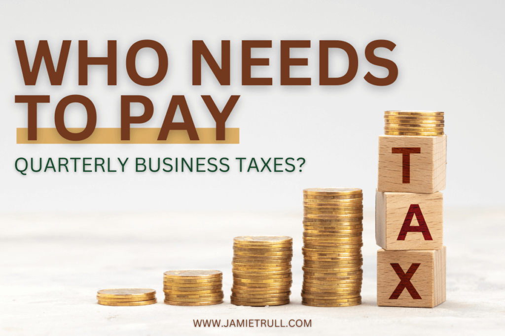 A wide version of stacked gold coins in ascending order next to wooden blocks spelling "TAX," with the text "Who needs to pay quarterly business taxes?" on a white background.