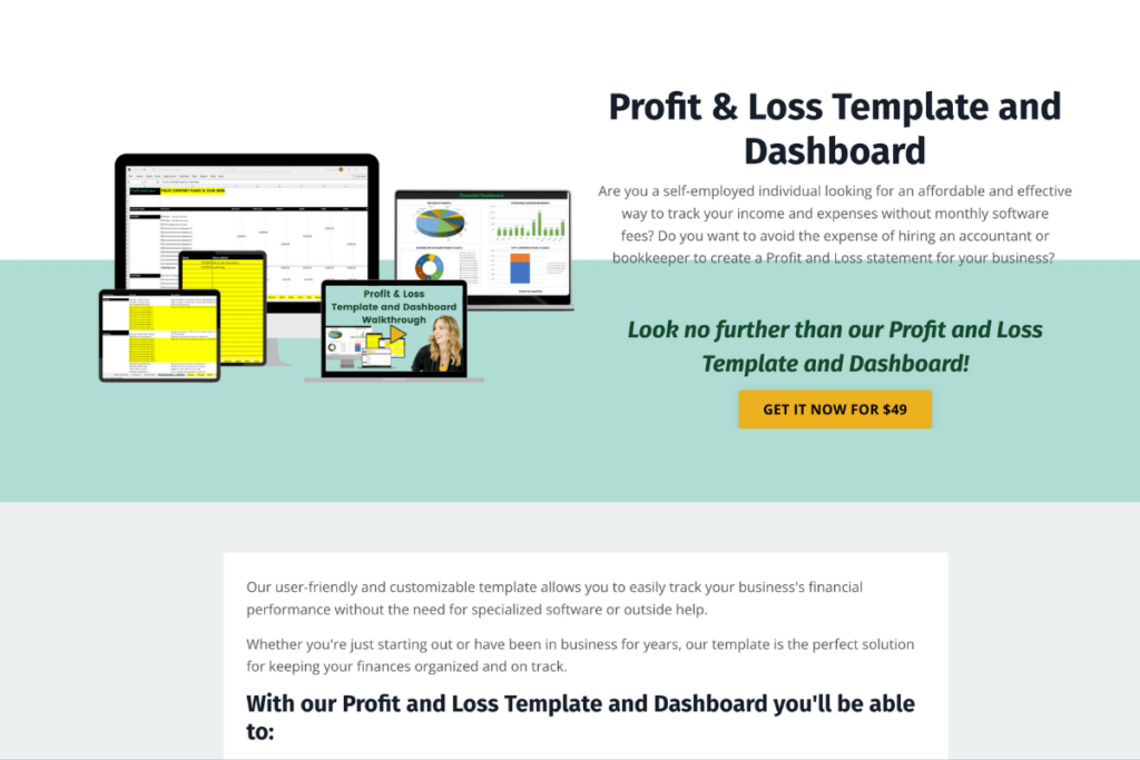 Promotional image featuring a Profit & Loss Template and Dashboard on various digital devices, showcasing charts and spreadsheets. Includes text describing the template's benefits, a call-to-action button that says 'Get It Now for $49,' and a teal background. Our profit and loss template gives you and easy to read financial statement so that you can monitor your business income and small business profit.