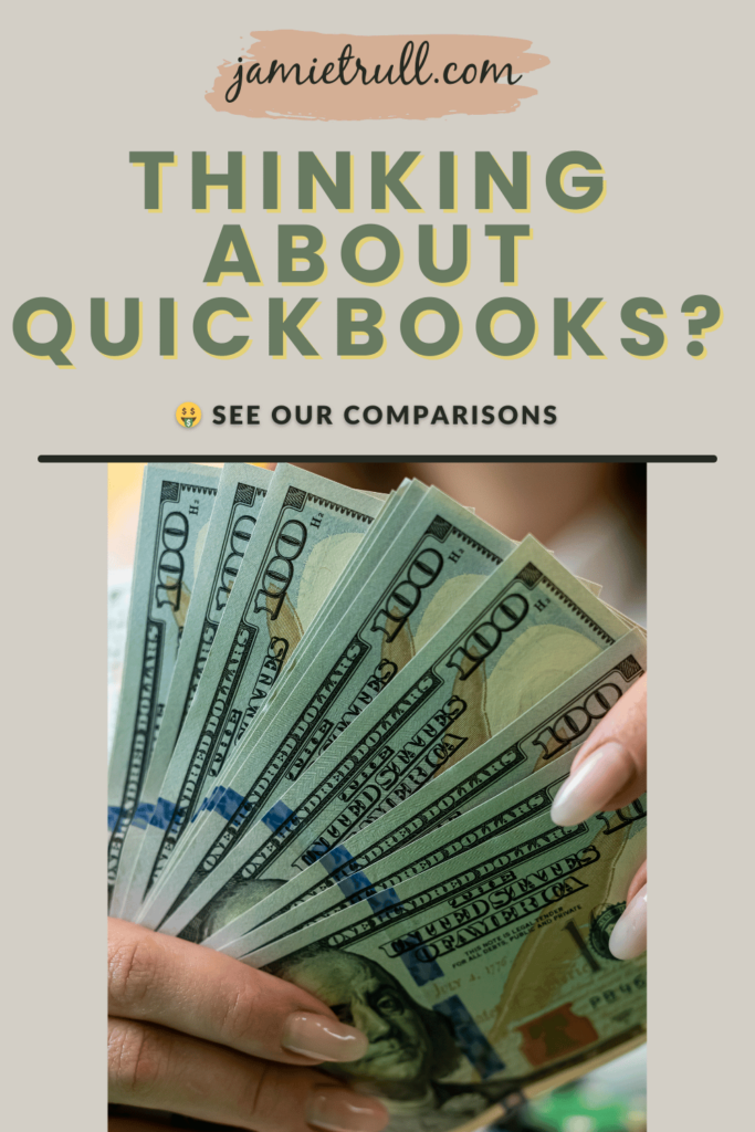 A graphic with the text 'Thinking About QuickBooks?' above an image of hands holding a fan of hundred-dollar bills, representing financial management and comparisons, including options for a QuickBooks Online account.