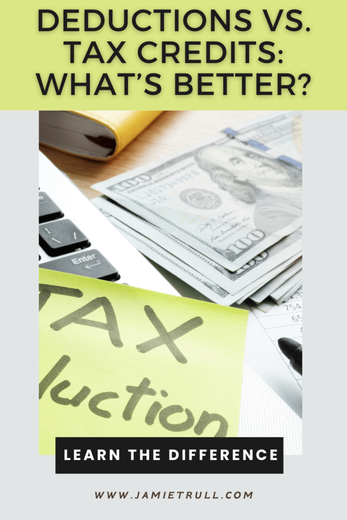 A close-up of money and a laptop keyboard with a sticky note that reads 'TAX Deduction.' The image promotes learning the difference between tax deductions and tax credits and tax liability.