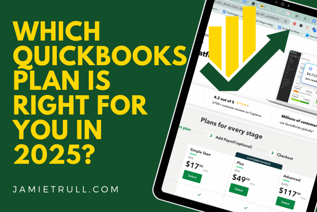 A graphic featuring the text 'Which QuickBooks Plan Is Right for You in 2025?' alongside a tablet displaying QuickBooks subscription levels, highlighting options like inventory management and QuickBooks payroll features.