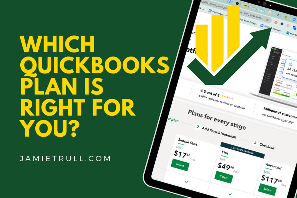 A graphic featuring the text 'Which QuickBooks Plan Is Right for You?' alongside a tablet displaying QuickBooks subscription levels, highlighting options like inventory management and QuickBooks payroll features.