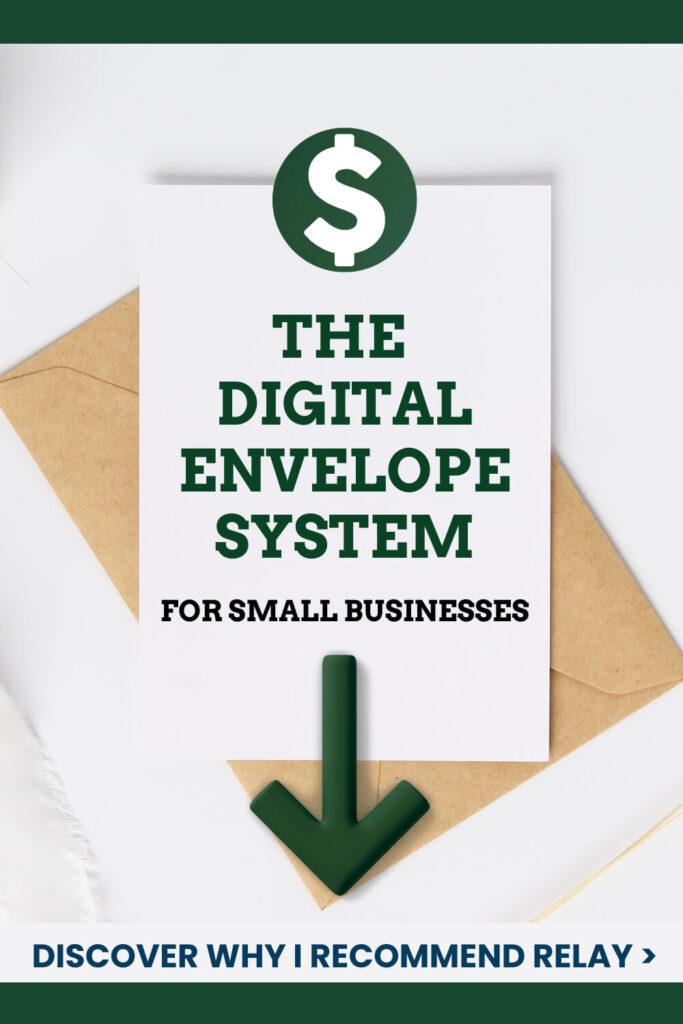 A card labeled “The Digital Envelope System for Small Businesses” sits on top of a brown envelope, with a large green dollar sign above it and a downward arrow pointing to a call-to-action that says, “Discover why I recommend Relay.” The image suggests an organized approach to managing the current year’s budget for small business owners, highlighting the value proposition budgeting method made easy with digital banking tools like Relay.