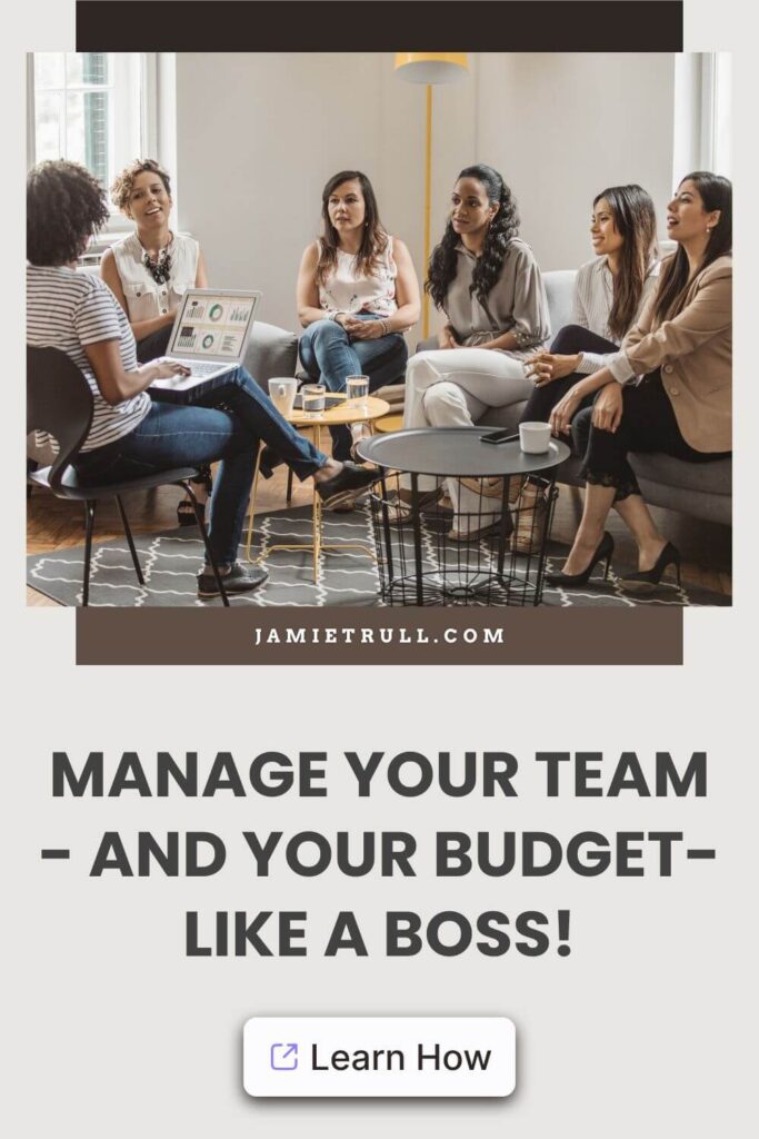 Diverse women’s team meeting in a modern office, reviewing budget charts on a laptop. Represents static budget, administrative costs, and revenue sources.