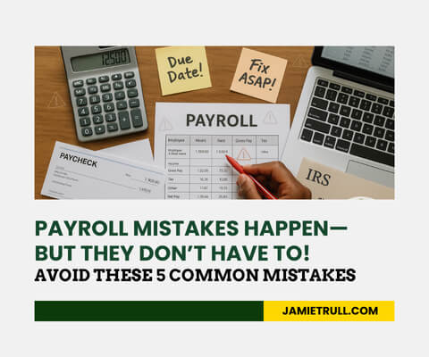 Desk with payroll documents, paycheck, IRS notice, and calculator, highlighting payroll solution tips for small businesses, first payroll, and direct deposit.