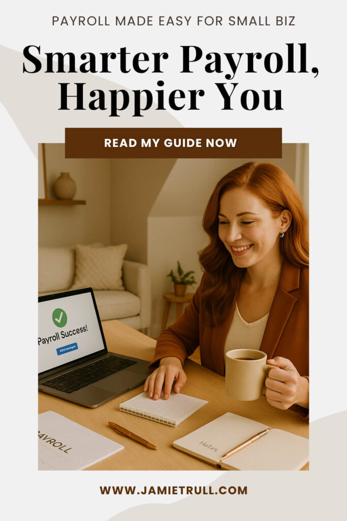 A smiling red-haired woman in a stylish home office enjoys coffee while managing payroll on her laptop, which displays a “Payroll Success!” message. Papers and notebooks labeled “Payroll” and “Notes” are on the desk, highlighting HR solutions, HR support, employee time management, and streamlined payroll and HR tasks for small businesses.