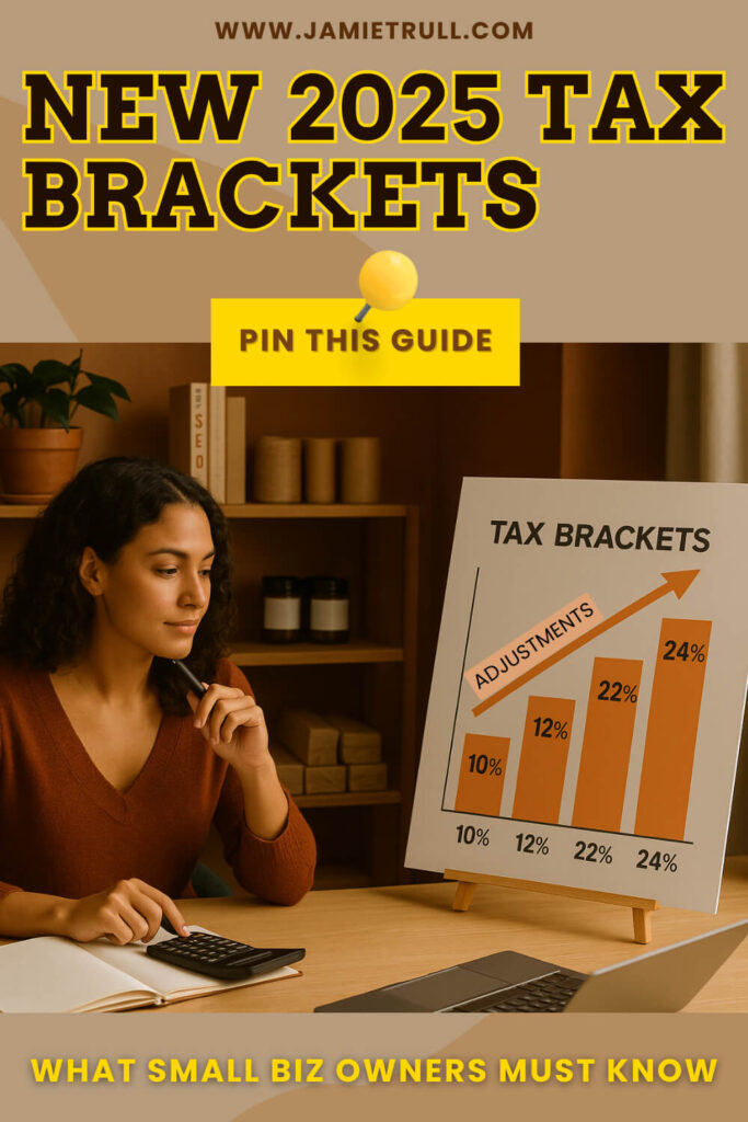 oung woman small business owner sitting at a desk with a calculator, analyzing a tax bracket chart showing adjustments from 10% to 24%, representing new 2025 tax brackets that affect federal revenues and corporate income tax planning for small businesses. Guide created by JamieTrull.com.