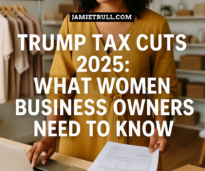 woman small business owner standing in her boutique workspace, reviewing financial documents and using a laptop, symbolizing strategic planning around the Child Tax Credit, Inflation Reduction Act updates, and Internal Revenue Service tax changes for 2025.