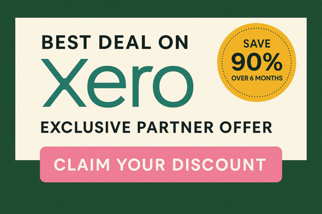 Horizontal coupon-style banner in Jamie Trull’s brand colors showing Best Deal on Xero with a gold badge reading Save 90% Over 6 Months, exclusive partner offer, and pink claim your discount button.