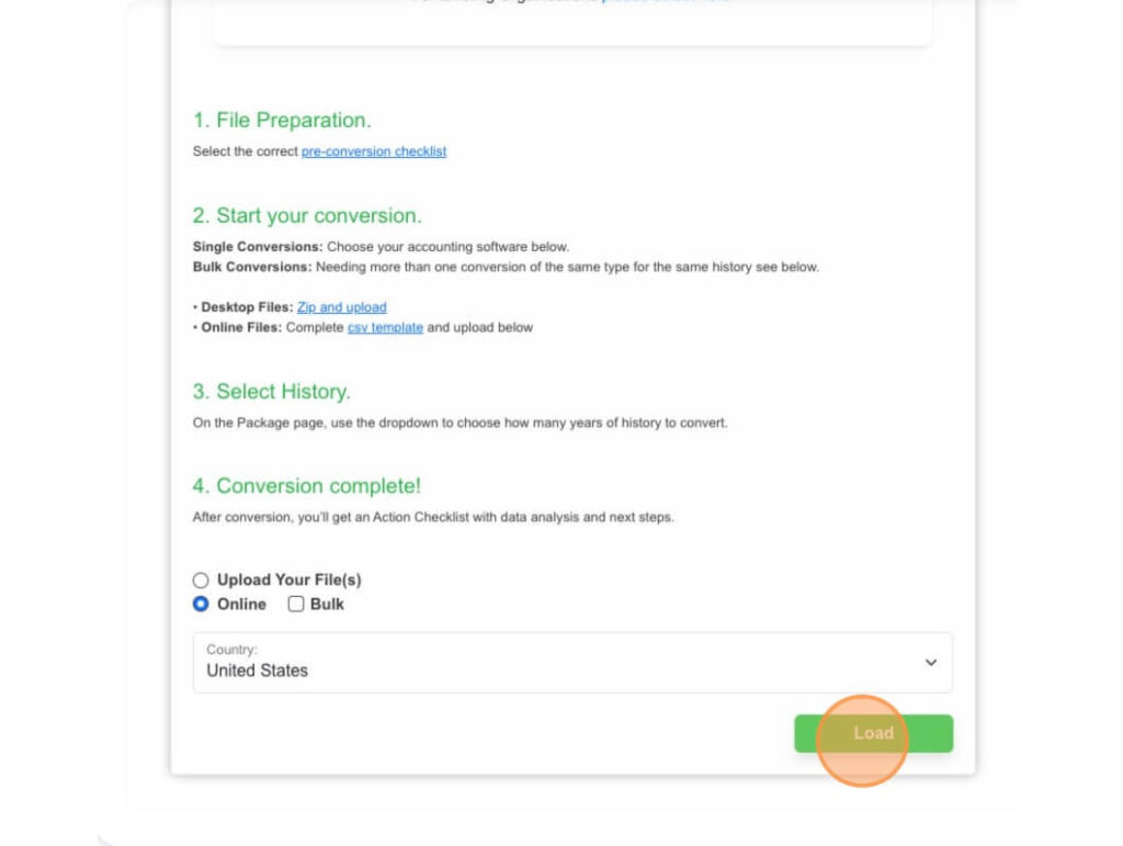 Step-by-step instructions showing how to upload files and convert data into QuickBooks, using MMC Convert for the next window multi currency process.