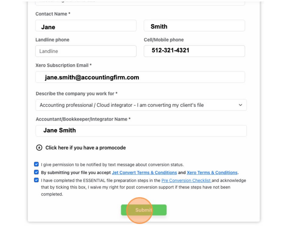 Example of an online conversion form showing user details, Xero subscription email, and file submission options, featured in the jamietrull.com blog to help small business owners save time during QuickBooks to Xero data conversion.