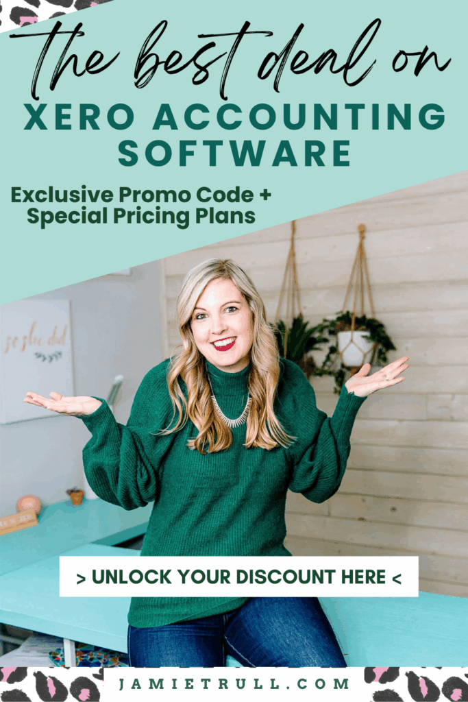 Jamie Trull smiling and pointing upward in a promotional pin image highlighting Xero user benefits, Xero pricing details, Xero discount code, and several pricing plans with a call-to-action to unlock savings.