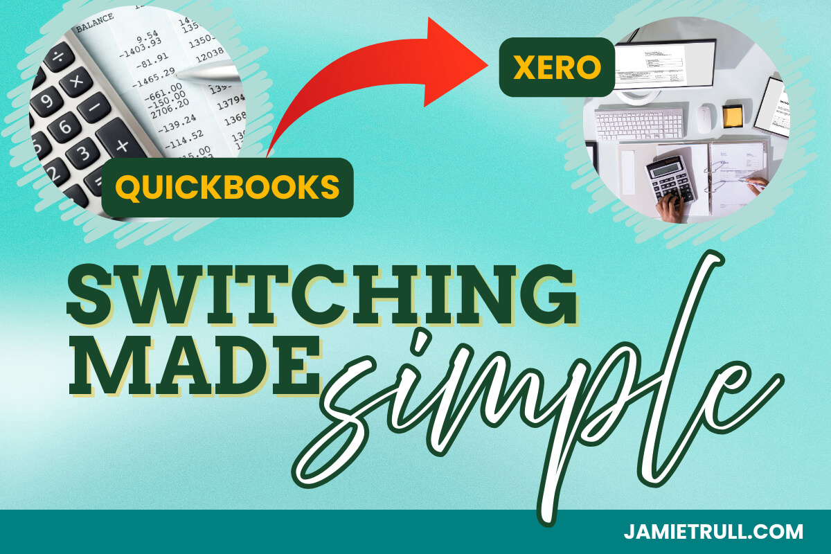 Graphic showing the transition from QuickBooks to Xero with an arrow and text 'Switching Made Simple,' symbolizing moving a QuickBooks file with financial data and addressing inactive accounts during conversion.