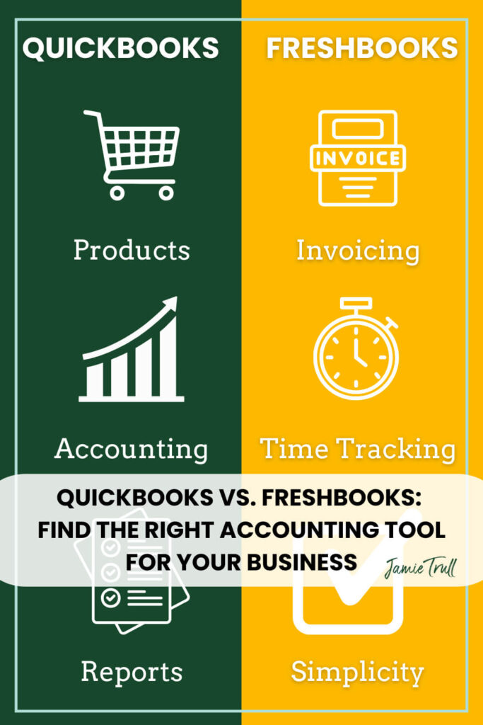 Comparison graphic showing QuickBooks and FreshBooks accounting features such as accounts receivable, billable clients, unlimited invoicing, and premium plan options for small business owners at jamietrull.com.