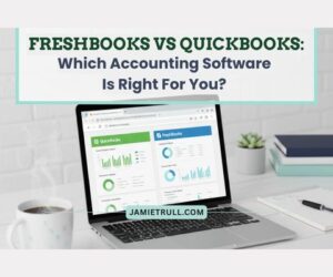 Laptop showing QuickBooks and FreshBooks dashboards side by side, comparing accounting tasks and basic reporting features in cloud-based accounting software for small business owners.