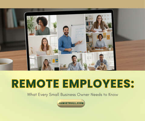 Laptop screen showing a remote workforce video meeting, reflecting strong company culture and a shared remote project (jamietrull.com)/