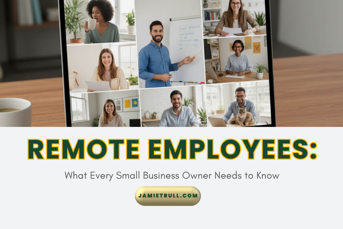 Laptop screen showing a remote workforce video meeting, reflecting strong company culture and a shared remote project (jamietrull.com)/