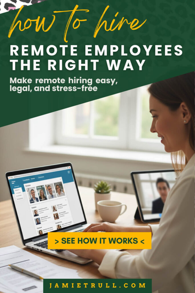 Business owner reviewing remote talent during an online interview process to find remote workers for her team from jamietrull.com.