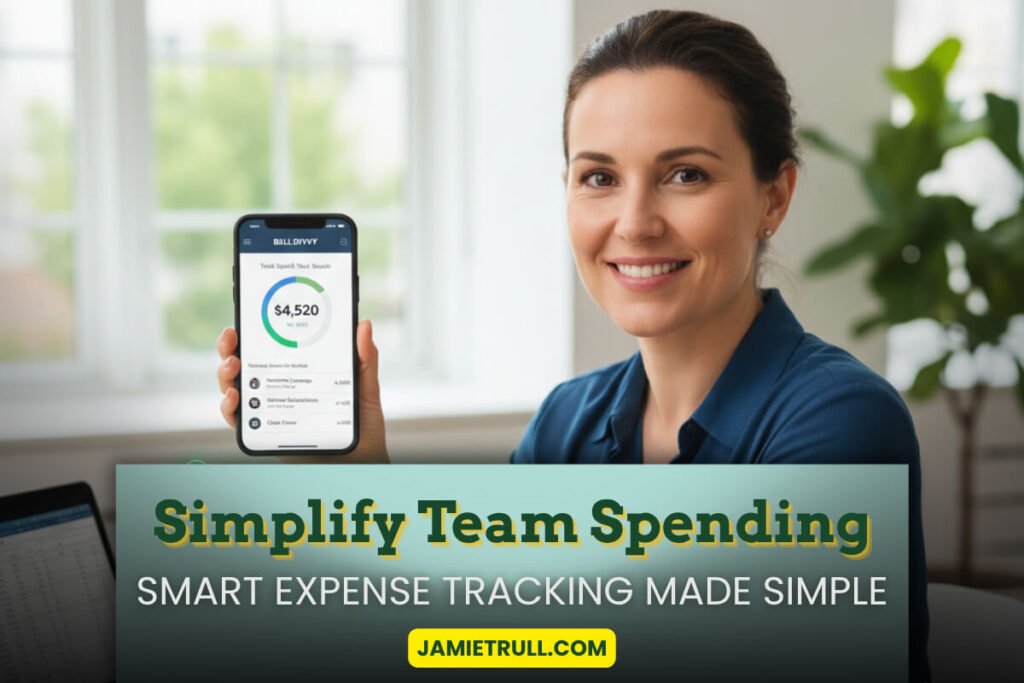 Business owner smiling while using the Bill Divvy expense app to manage accounts payable, showing a safe and convenient alternative for tracking spending, uploading receipts, and managing the company’s Bill account.