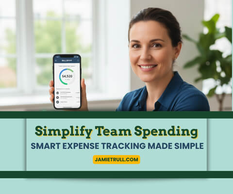 Business owner smiling while using the Bill Divvy expense app to manage accounts payable, showing a safe and convenient alternative for tracking spending, uploading receipts, and managing the company’s Bill account.