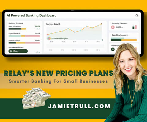Jamie Trull presents Relay’s new pricing plans for small business owners with an AI-powered banking dashboard showing savings growth and shared workflows to help compare plans and choose smarter banking options.