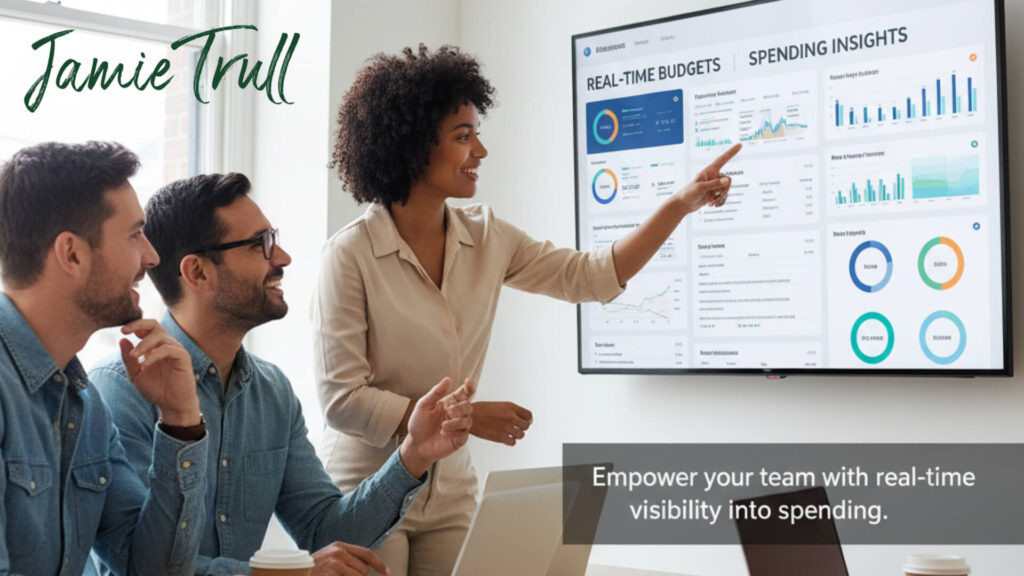 Team reviewing real-time budget insights on a digital dashboard showing charts and spending data, collaborating to gain smart spending insight and make informed, smart spending decisions.